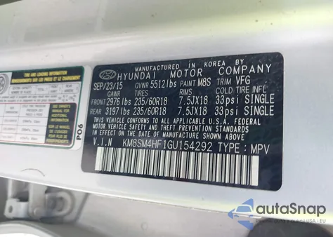 2016 Hyundai Santa Fe Se from USA, damaged, VIN KM8SM4HF1GU154292